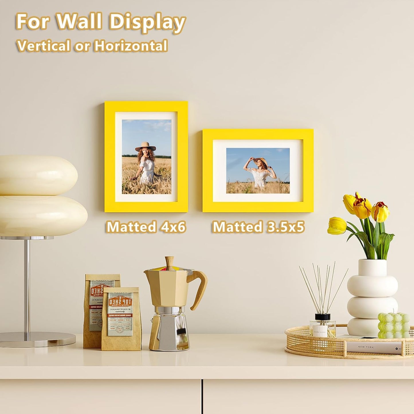 KINLINK 5x7 Picture Frame Yellow, Solid Wood Frames with Acrylic Plexiglass for 3.5x5/4x6 with Mat or 5x7 without Mat, Tabletop and Wall Display Photo Frame, Set of 4