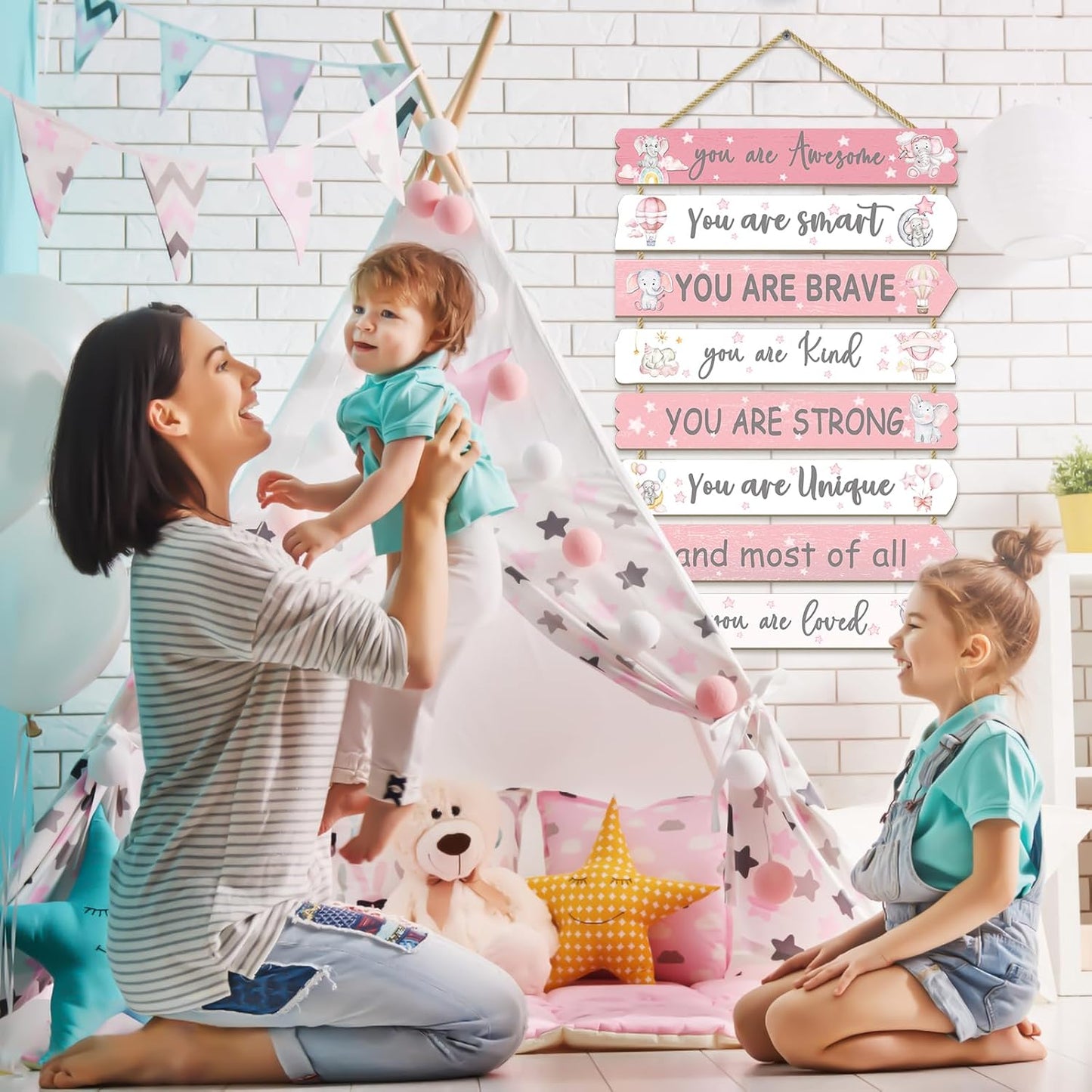 Girls Room Decor Elephant Wall Art Inspirational Wood Sign for Kids Bedroom Nursery Toddler Pink Decorations, 8 Pieces, 11.4"x2"