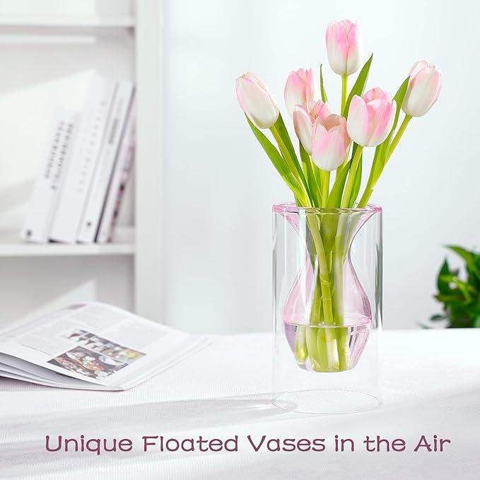 ZENS Unique Pink Small Flower Vase, Double Hollow Floating Clear Glass Vase, Modern Decorative Hand Blown Cool Bud Vase for Home Small Bouquet, Wedding Centerpieces