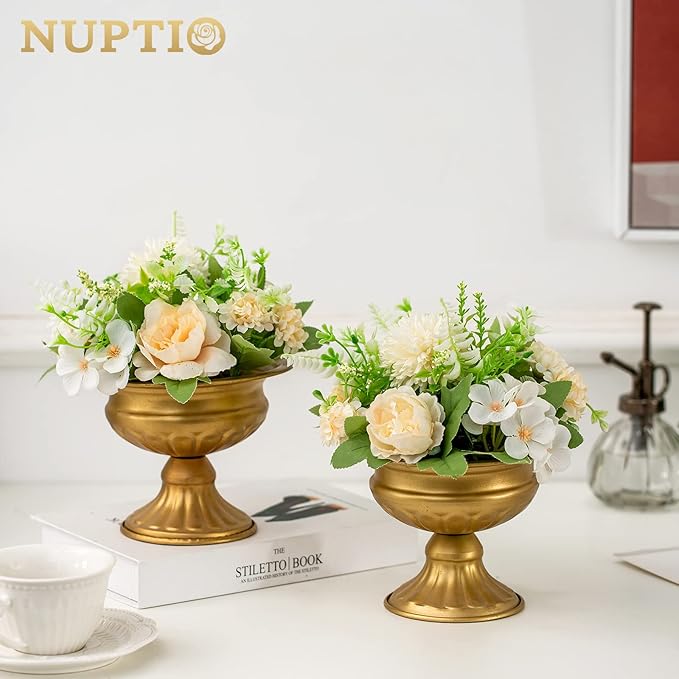 Nuptio Pcs of 2 Mini Sized Metal Urn Planter Elegant Wedding Centerpieces Vase for Wedding Party Decoration, 12.6cm/4.96" Tall Trumpet Vase Flower Holder for Anniversary Ceremony