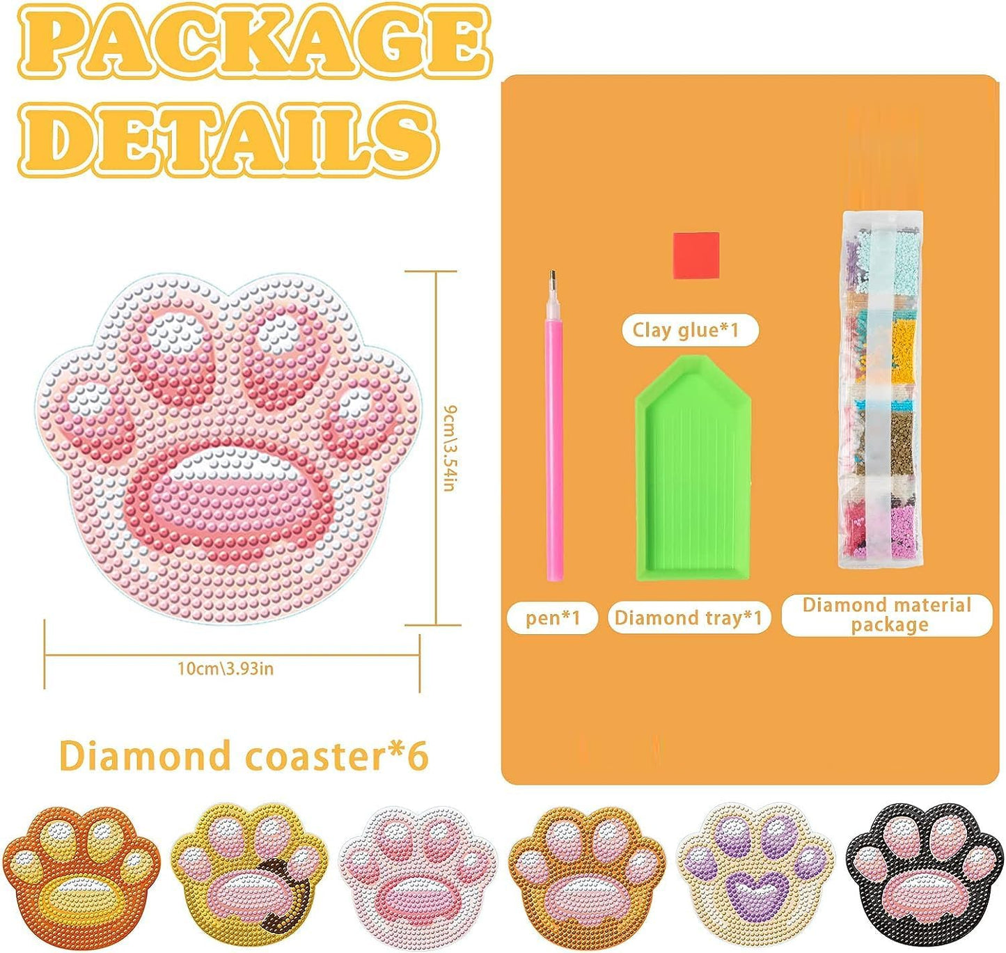 DOZEEZOP 6 PCS Diamond Art Coasters Kit, Diamond Painting Coasters, Fall Diamond Art Kits for Adults Beginners, Arts and Crafts Supplies Party Item Sets Not with Holder Cat's Paw