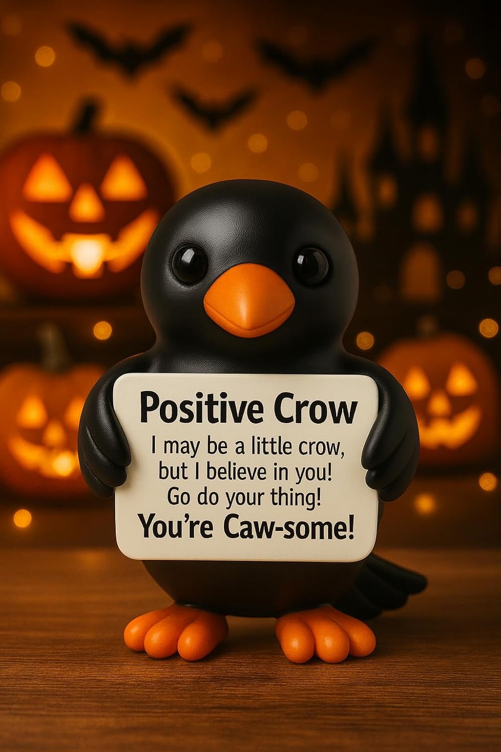 iStatue Positive Crow Resin Figurine – 4 Inch Halloween Indoor Decoration, Cute Motivational Quote Sign, Blackbird Fall Tabletop Decor for Office, Home, or Gifting (Black Crow)
