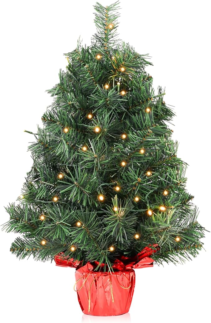 2ft Pre-lit Artificial Mini Christmas Tree,Small Xmas Pine Tree with 50 Lights, Tabletop Christmas Tree Battery Operated Green Xmas Tree for Tabletop