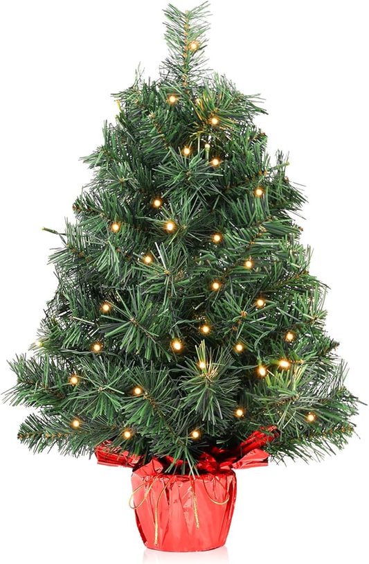 2ft Pre-lit Artificial Mini Christmas Tree,Small Xmas Pine Tree with 50 Lights, Tabletop Christmas Tree Battery Operated Green Xmas Tree for Tabletop