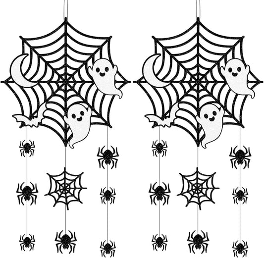 2Pcs Halloween Hanging Decorations, Spider Spiderweb Bat Ghost Door Decorations, Happy Halloween Sign Decoration Welcome Sign Hanging Ornaments for Home Wall Door Decor Party Supplies