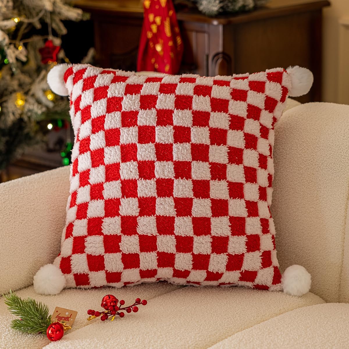 Faux Fur Plush Decorative Throw Pillow Covers with Pom Poms 18x18 Square Soft Christmas Checkered Pillow Covers for Couch Set of 2 Red x2