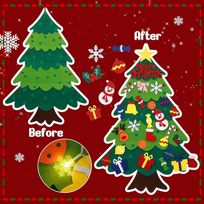 YEAHBEER Felt Christmas Tree for Kids, 3.2FT Felt Christmas Tree for Toddlers, 32 Detachable Ornaments, Toddlers Wall Hanging Decorations, Luminous Snowflake Bulb, DIY Felt Xmas Decor