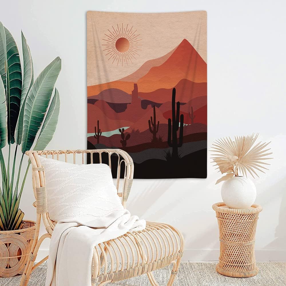 DYNH Boho Western Tapestry Modern Southwestern Mountain Cactus Arizona Desert Sunset Wall Tapestry Mid Century Modern Retro Aesthetic Minimalist Vertical Wall Hanging for Bedroom 40X60IN