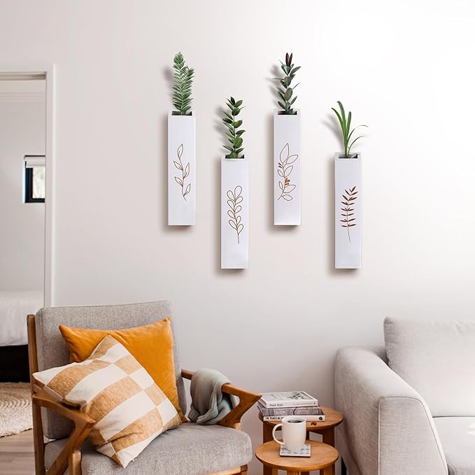 Wood Wall Planter, Farmhouse 4 Pack Indoor Pocket Wall Vases Decor for Living Room Bedroom Dried Flowers Faux Greenery Plants (White)