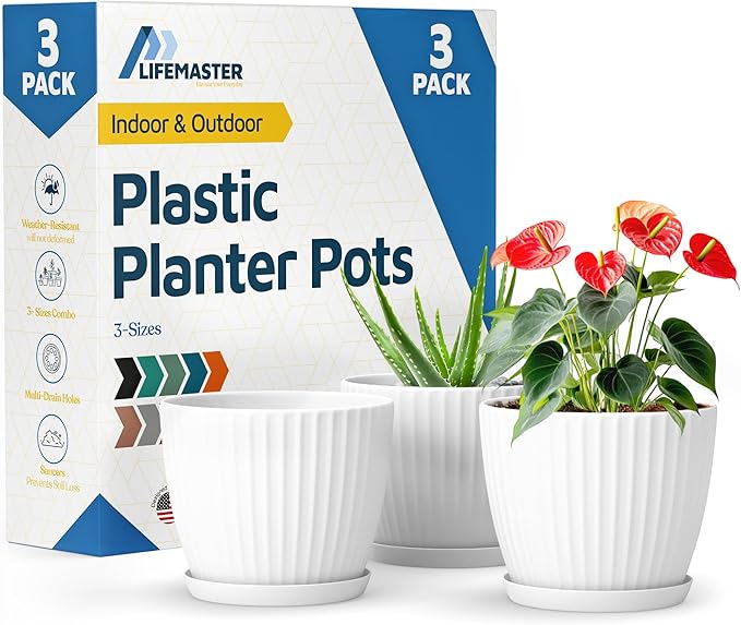 White 6-Inch Plant Pots with Drainage & Saucers 3 Pack, Indoor & Outdoor Planters for Houseplants, Herbs, and Flowers, Durable & Weatherproof Material, Stackable, Lightweight, Minimalist Design