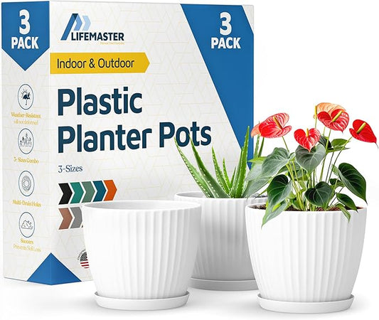 White 6-Inch Plant Pots with Drainage & Saucers 3 Pack, Indoor & Outdoor Planters for Houseplants, Herbs, and Flowers, Durable & Weatherproof Material, Stackable, Lightweight, Minimalist Design