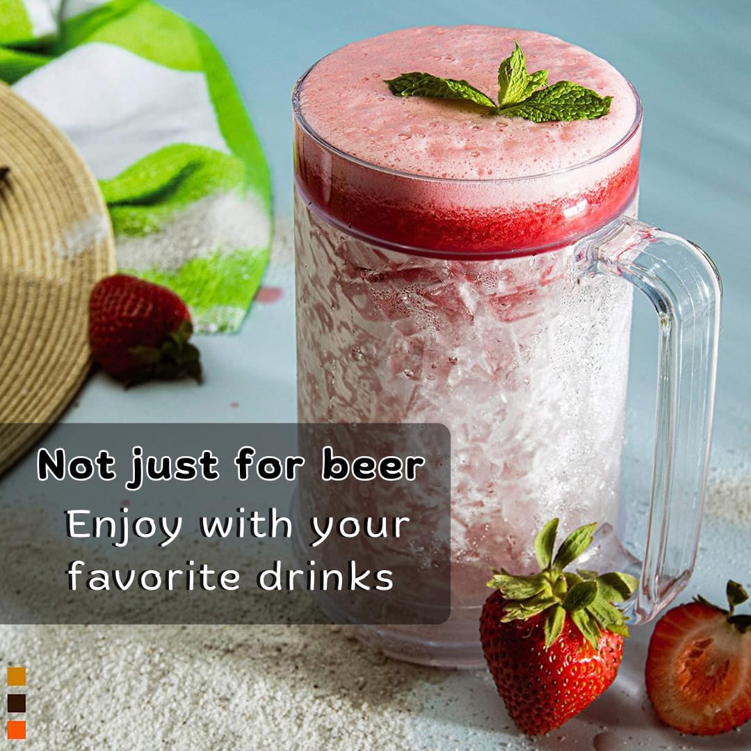 Beer Mugs For Freezer, Double Wall Insulated Plastic Glasses – Freezer Mugs, 16 oz – Perfect Frozen Beer Mugs for Home Bar Accessories, Gifts for Men, 2 Pack