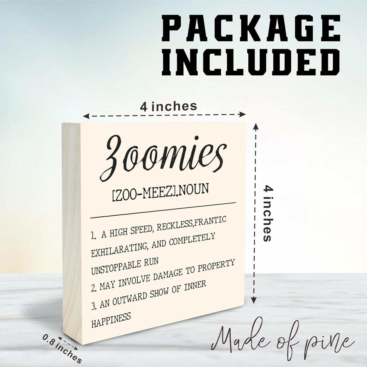 Dog Theme Wooden Block Sign - Zoomies - 4"X4" Decorative Pine Wood Plaque, Home & Office Desk Decor, Dog Lover Gift, Room Tabletop, Shelf Accessories (Khaki) - A03