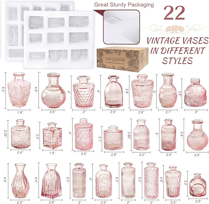 Pink Glass Bud Vase Set of 22, Small Vases for Flowers, Clear Glass Vases for Centerpieces, Mini Bud Vases in Bulk Rustic Wedding Decorations, Centerpieces, Vintage Look Home Table Flower Decor
