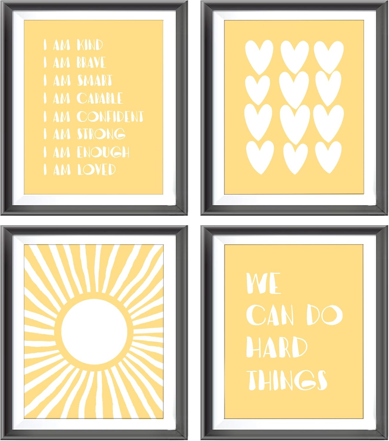 I am Kind Brave Smart Affirmations Yellow Sun Sunshine Hearts Poster Prints for Girls Kids Room Playroom Decor,Girl Nursery Decorations Prints Wall Art Unframed 4pcs 8x10inches,Girls Kids Gifts
