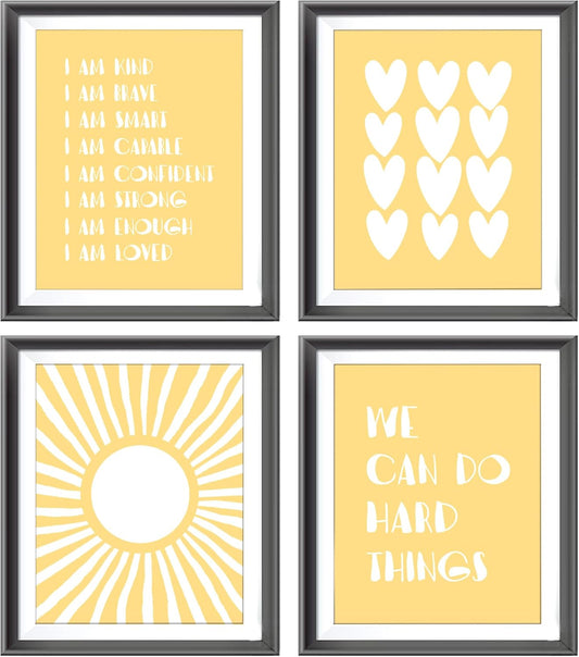 I am Kind Brave Smart Affirmations Yellow Sun Sunshine Hearts Poster Prints for Girls Kids Room Playroom Decor,Girl Nursery Decorations Prints Wall Art Unframed 4pcs 8x10inches,Girls Kids Gifts