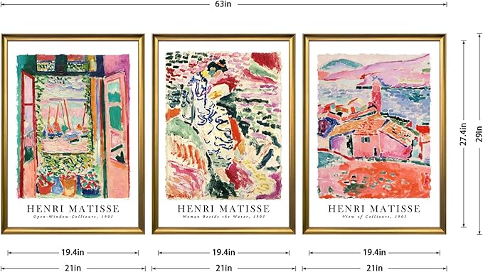 Wieco Art Large Framed Canvas Wall Art 3 Piece Henri Mattise Art Abstract Colorful Matisse Posters Canvas Prints for Wall and Home Office Decorations Bronze Gold Frame
