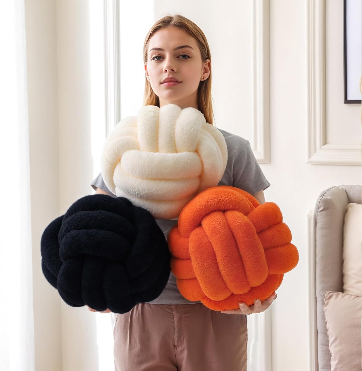 Knot Pillow Ball Plush - Decorative Throw Pillows for Bed Stress Relief, Round Knot Cushion for Sofa Decor Pet Toy, Black 12 inch