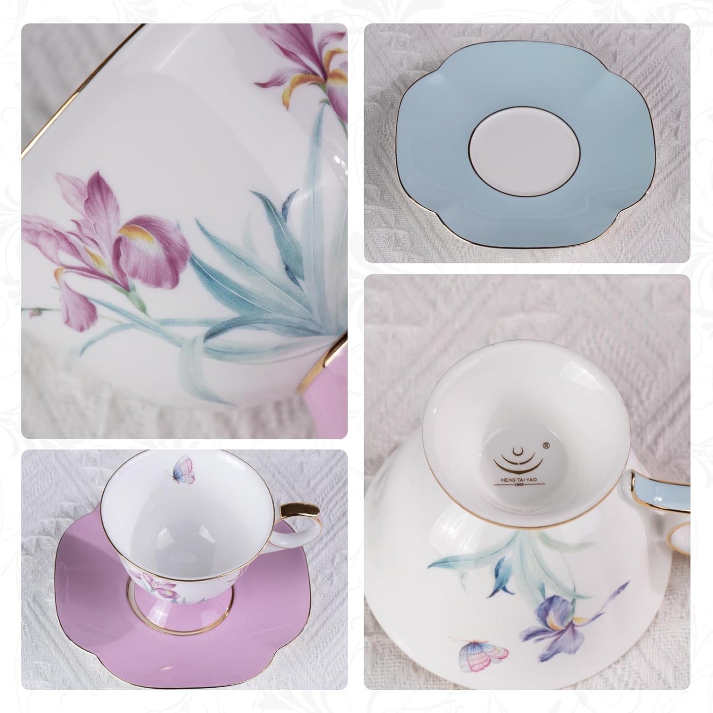 KAMMAK Ceramic Coffee Cups Saucers Set of 2, Porcelain Espresso Cups with Saucers, 8.45 oz Handcrafted Elegant Bone China Tea Cups, Iris Flower & Butterfly Pattern Teacup for Party, Office, Gift