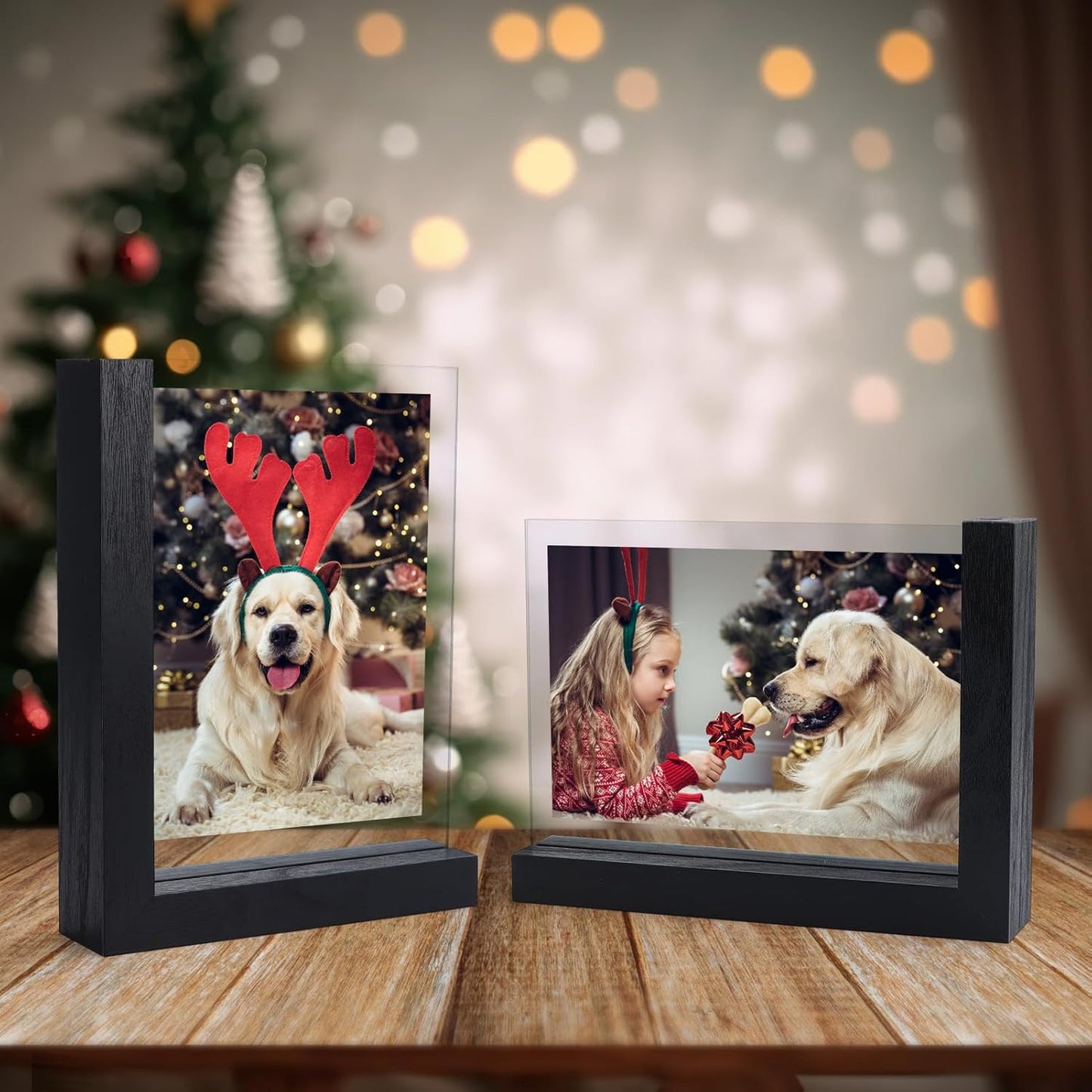 Lavezee 2 Pack 5x7 Picture Frames Made of Black Wooden L-shaped Base with Glass, Double Sided Display Photo Pictures 5 by 7 inch Vertical Horizontal for Tabletop Frame