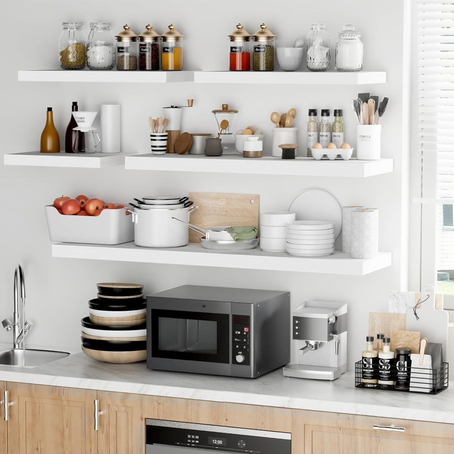 Fun Memories Floating Shelves - 2 Pack 12 Inch Deep Rustic Wooden Wall Shelves - Extra Deeper & Thicker Wall Mounted Storage Shelf for Living Room, Kitchen, Farmhouse - 16" W x 12" D x 1.5" H - White