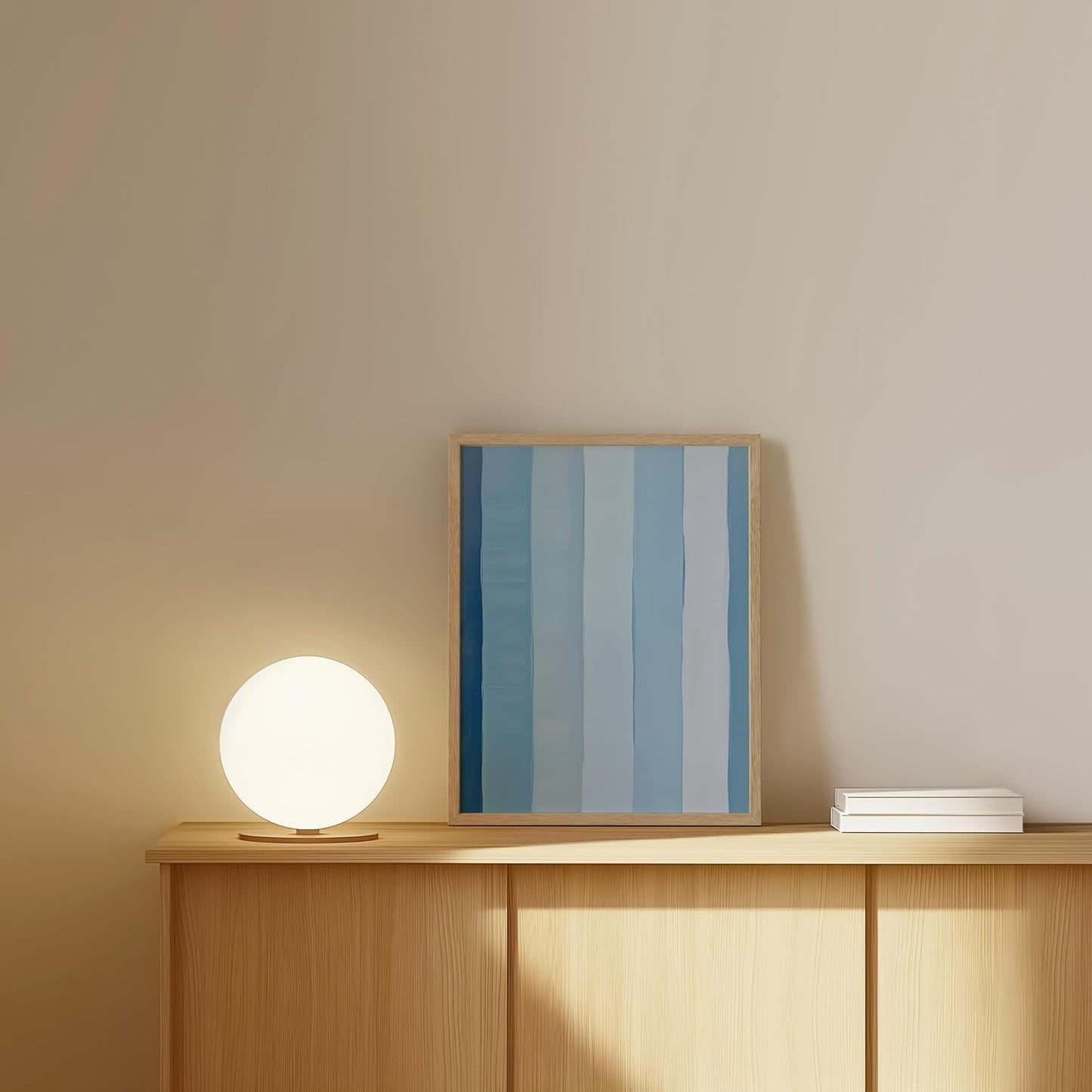 HAUS AND HUES Modern Abstract Wall Art - Blue and Green Living Room Art, Modern Artwork for Walls, Minimalist Picture for Living Room(Painted Stripes, Beige Frame, 11x14)