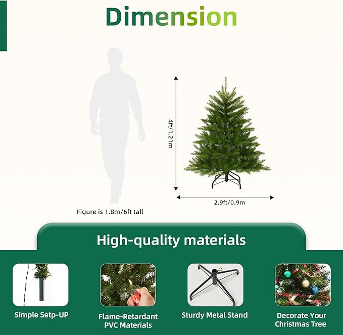 4FT Artificial Christmas Tree Unlit, Full Green PVC Pine with Dunhill Fir 559 Branch Tips, Realistic Holiday Xmas Tree with Foldable Metal Stand for Indoor Home, Office Decoration
