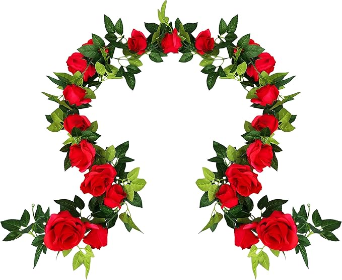 UKELER 2 Pack 14FT Artificial Rose Vines Red Flower Garland Artificial Rose Flowers with Green Leaves Floral Plant for Wedding Arch Party Garden Craft Home Decor