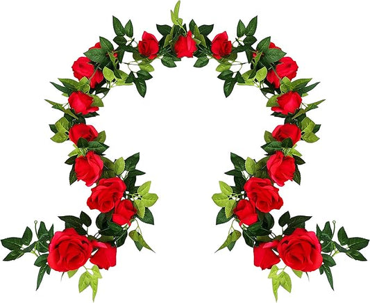 UKELER 2 Pack 14FT Artificial Rose Vines Red Flower Garland Artificial Rose Flowers with Green Leaves Floral Plant for Wedding Arch Party Garden Craft Home Decor