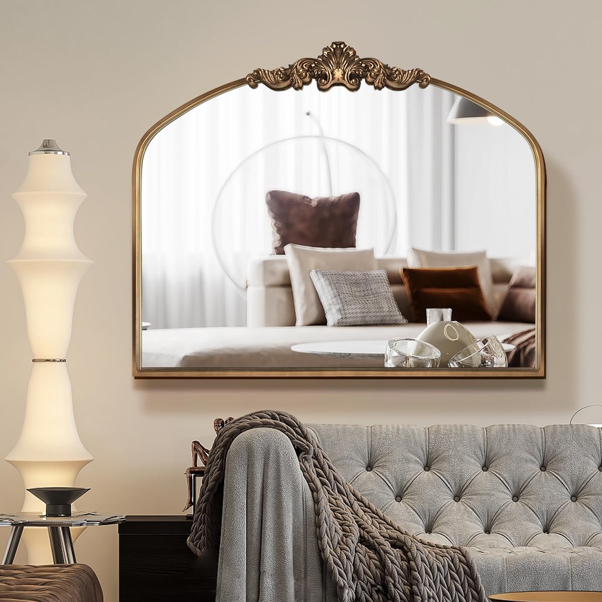 Gold Antique Arched Mirror, Victorian Bronze with Full Matel Frame, Wall Arch Mirror for Entryway/Bathroom/Fireplace 36"X30"
