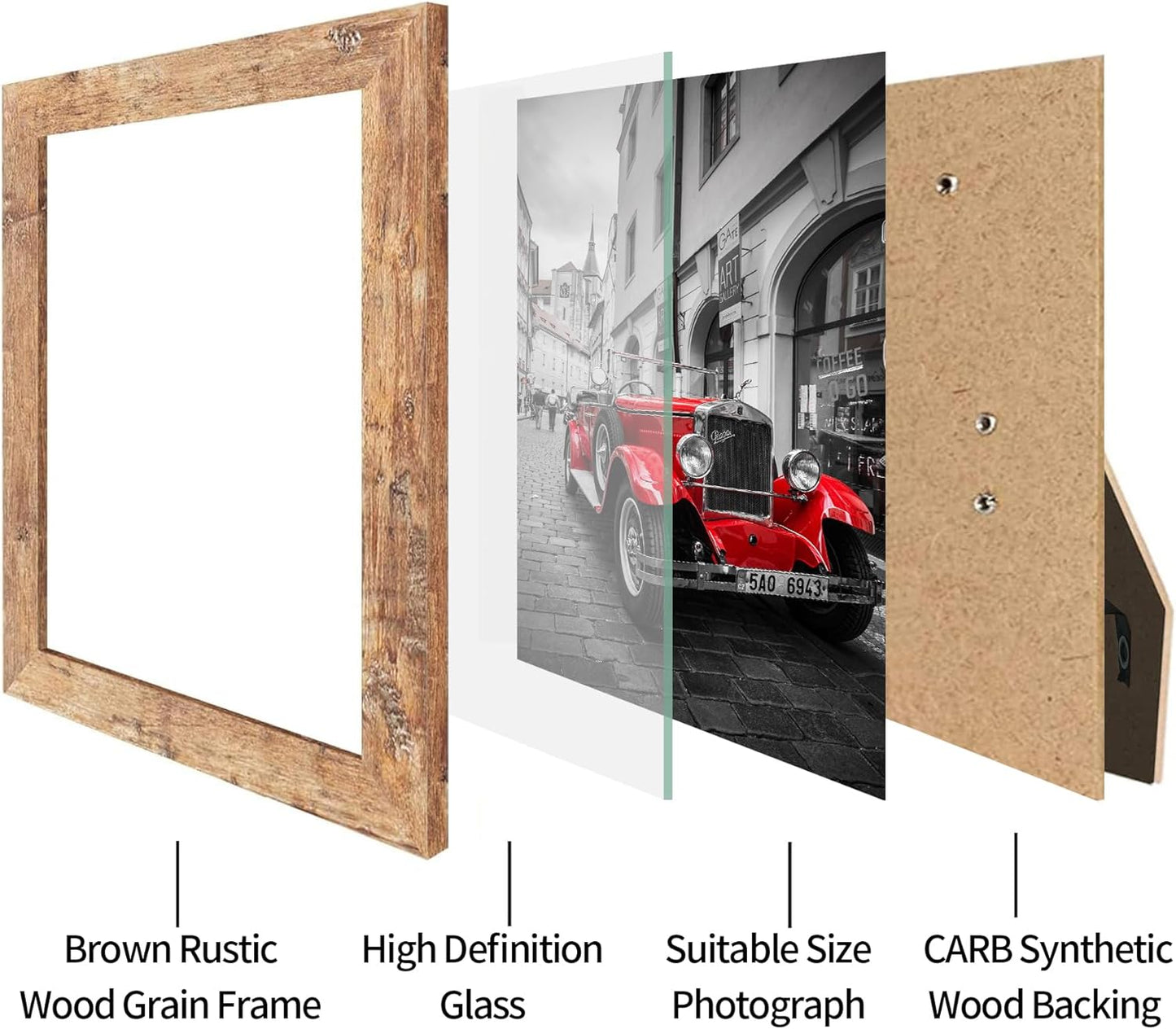 iRahmen 8x10 Picture Frame Set of 4, High Definition Real Glass 8 x 10 Photo Frames for Desktop Display and Wall Mounting(Distressed White+Oak+Rustic Brown+Black)