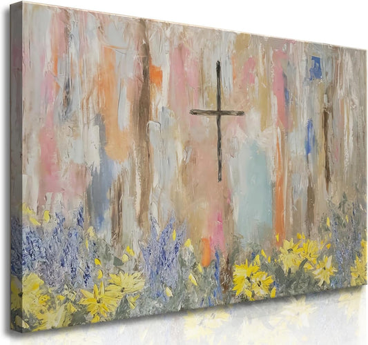Framed Cross Flower Wall Art Christian Floral Oil Painting Canvas Prints Abstract Religious Posters Church Graffiti Pictures Wall Decor Ready To Hang (12x16in Framed)