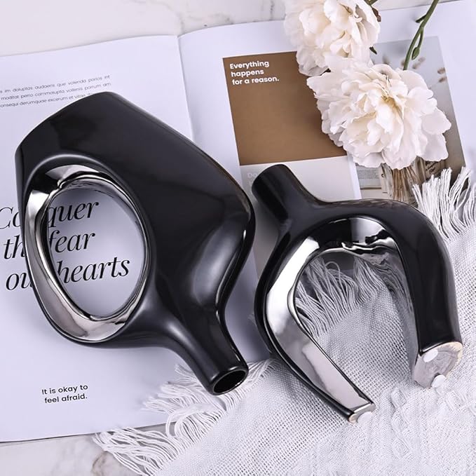 Black and Silver Hollow Ceramic Vase Set of 2, Modern Nordic Boho ins Style Aesthetic Decorative Flower Vase for Home Decor, Wedding, Living, Bedroom, Dining Table, Shelf, Mantle, Office Decor