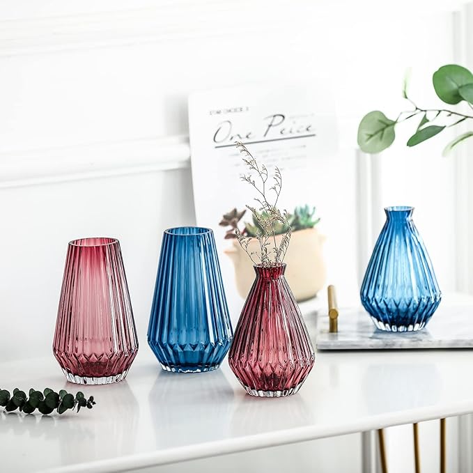 G Fusuma Blue-Rhombus Glass Flower Vase for Table Centerpiece, High-Grade Decorative Flower Vase for Bouquets,Mantel and Shelf Display, Dining Table Centerpiece, Living Room Office Decoration, 6" Tall