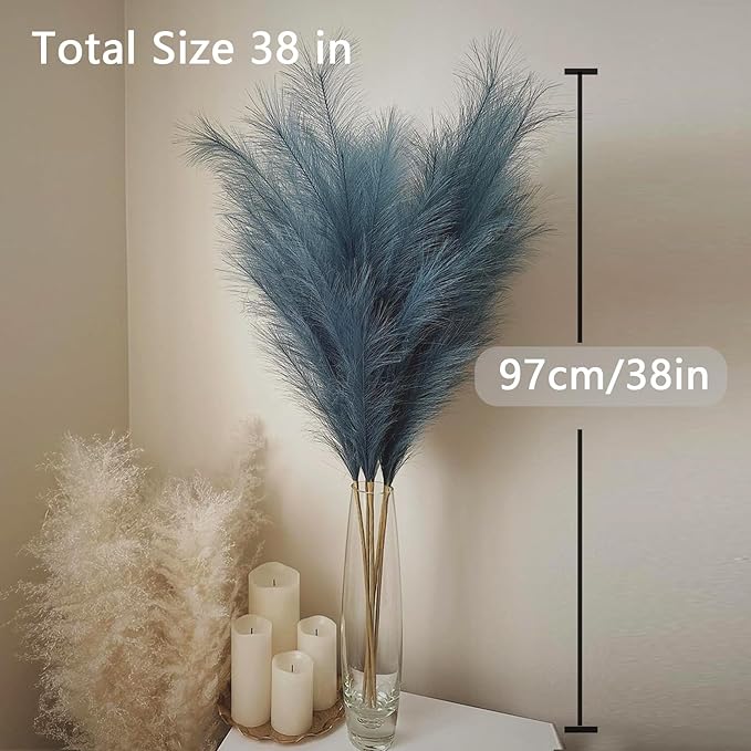 38" 10 Stems Tall Pampas Grass - Faux Fluffy Pampas Grass Tall Navy Blue for Boho Home Wedding Mothers Day Decoration
