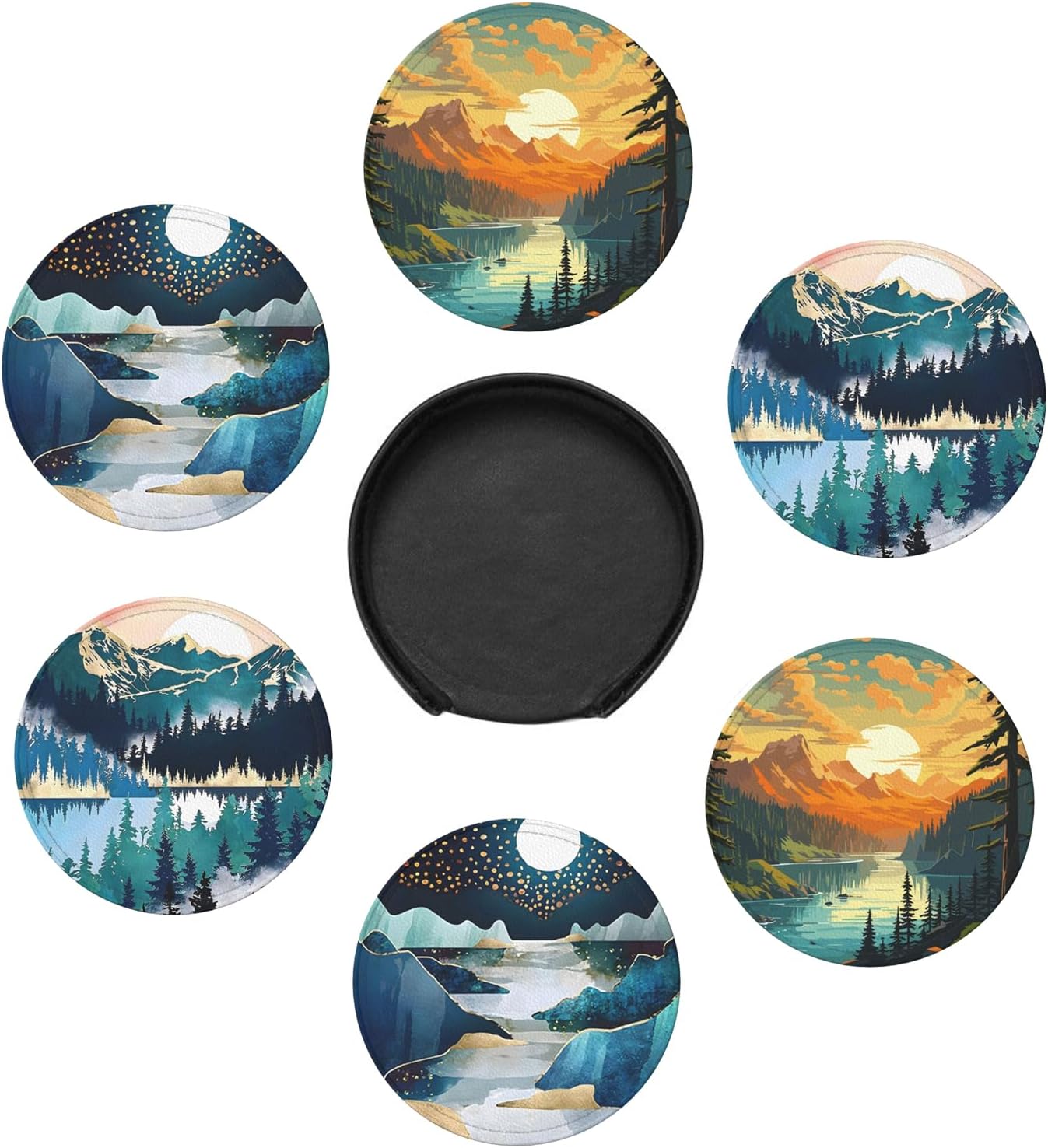 Landscape Mountain Leather Drinks Coasters with Holder, Set of 6, Suitable for Various Cups