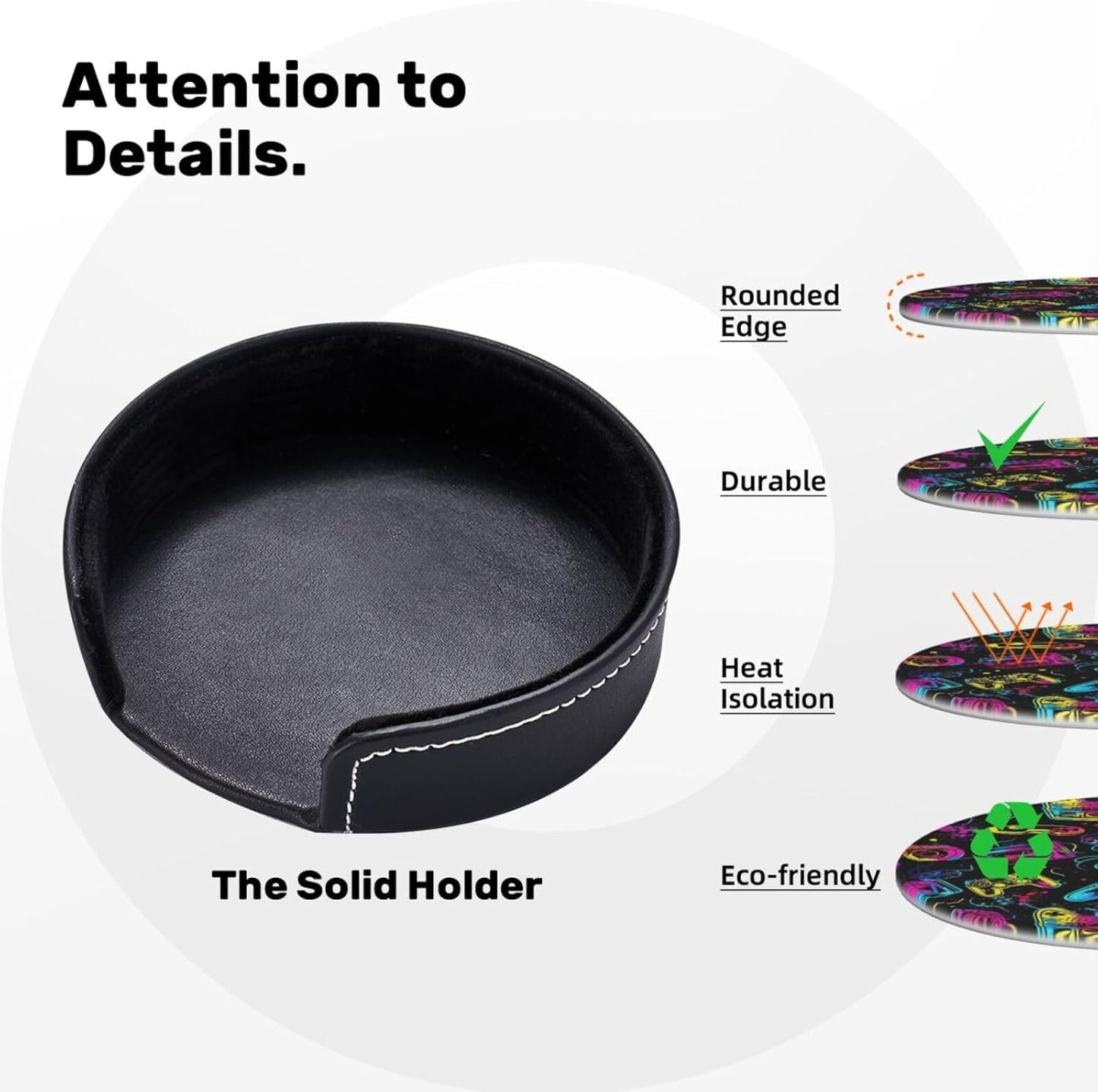 Drink Coasters with Holder Stand Set of 6, Bright Game Controller Pu Leather Absorbent Coasters with Cork Base Table Coaster Round Coasters for Housewarming Apartment Kitchen Bar Decor