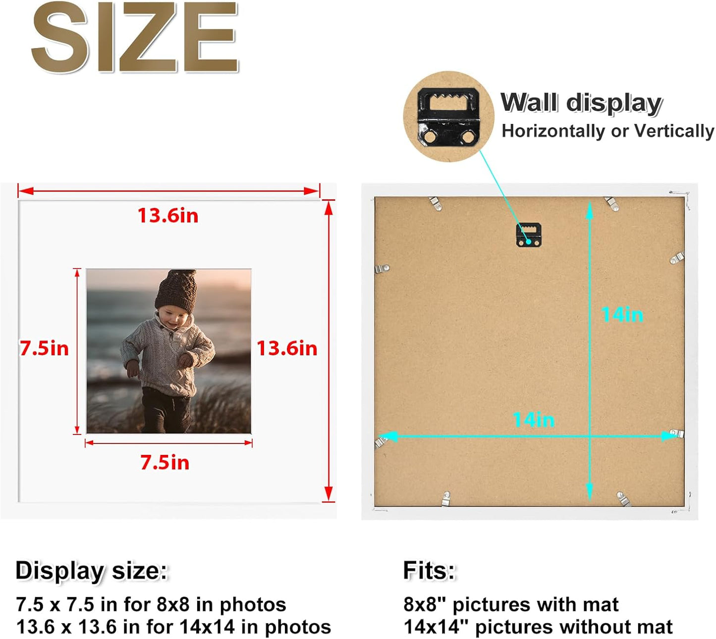 KINLINK 14x14 Picture Frame, White Square Solid Wood Frames for Pictures 8x8 with Mat or 14x14 without Mat, Wall Display Photo Frames White 4 Pack