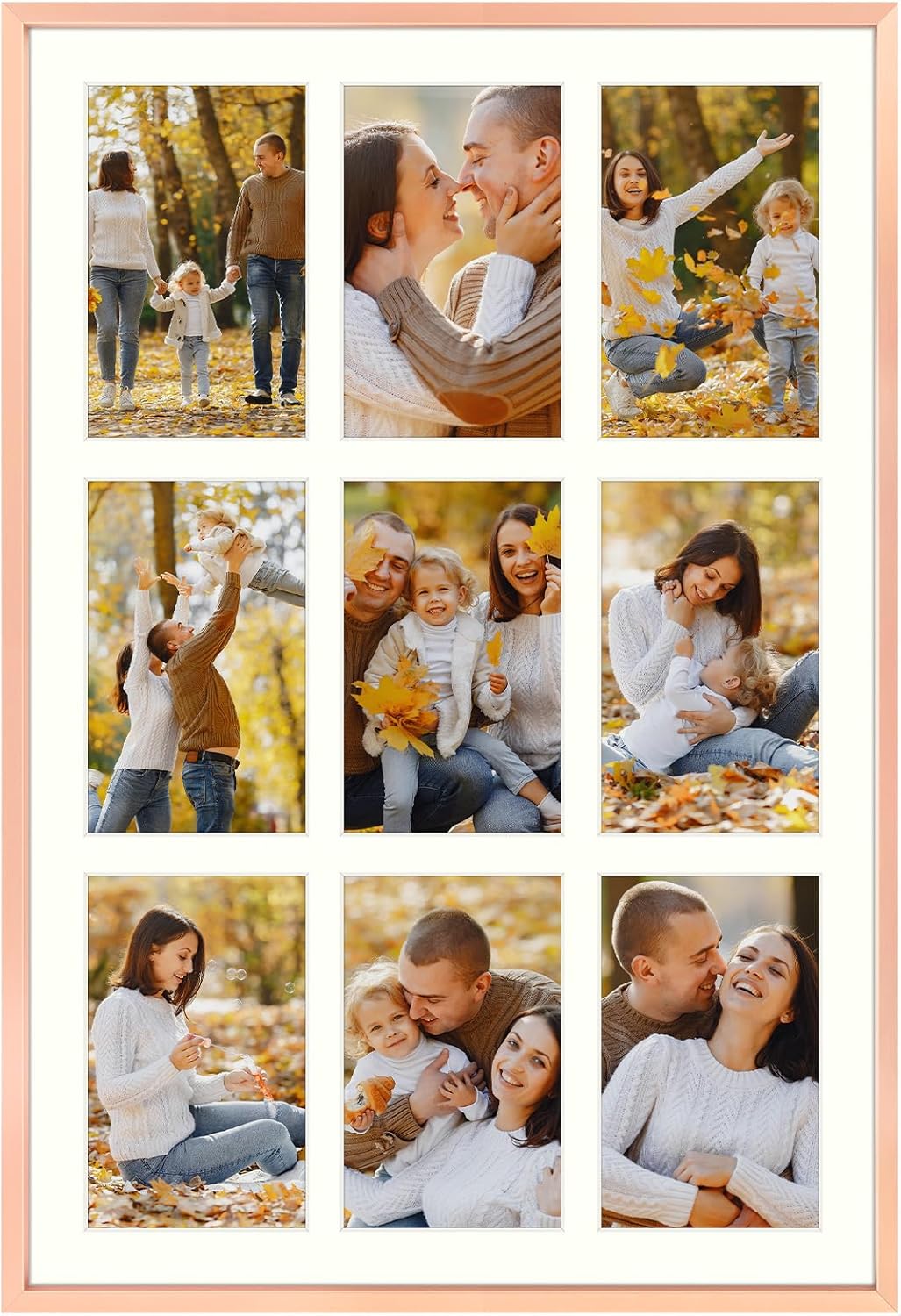 Frametory - 13.6x19.7 Aluminum Collage Picture Frame - Display 4x6 Pictures with 9 Openings Mat - Real Glass Front - Horizontal/Vertical Wall Mount - Rose Gold 1 Pack