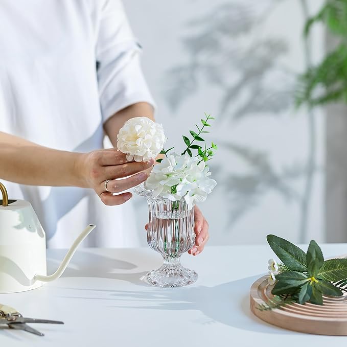 Glasseam Glass Vases for Decor, Small Compote Vase Set of 3, Ribbed Flower Vases for Centerpieces, Fluted Clear Crystal Pedestal Vase for Wedding Table Decorations, 5.7in