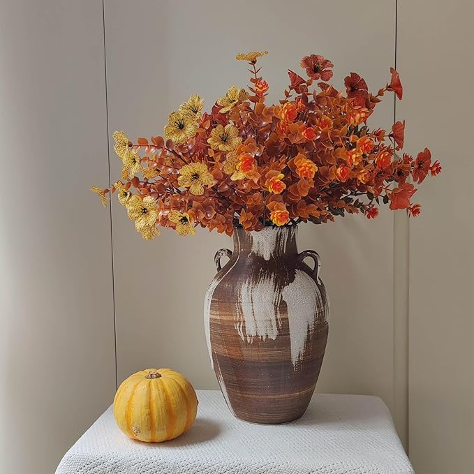 Rustic Pottery Vase - 10" Handmade Brown and White Farmhouse Vase with Handle, Unique Boho vase, Decorative Neutral Vases Home Decor, Vintage Ceramic Flower vases for Living Room, Kitchen Decor