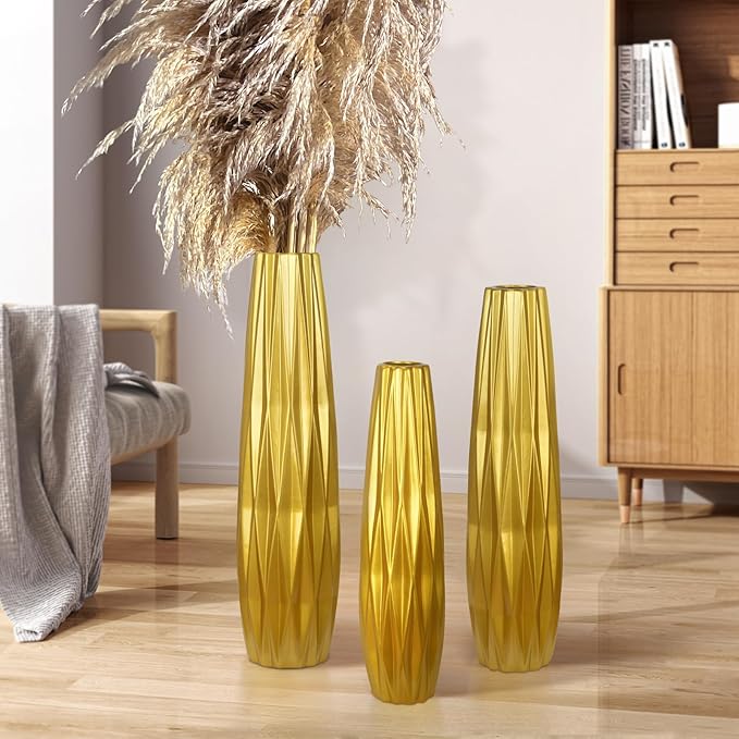 Gold Ceramic Tall Floor Vase,24 Inch Large Modern Flower Vases for Home Décor,Wicker Big Floor Vase Decorations for Farmhouse, Living Room,Bedroom,Standing Plastic Vase Decorative Tall