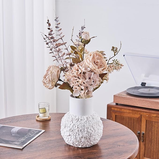 White Rose Hand-Carved Resin Vase – 8 Inch Decorative Bulb Vase for Pampas Grass, Centerpiece, Home Decor | Elegant Entryway, Countertop & Nightstand Accent | Unique Housewarming Gift