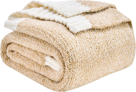 CozeCube Super Soft Fullfy Microfiber Reversible Knitted Blankets, Warm Cozy Fuzzy Plush Throw, Beige and White Melange Throw Blanket for Couch Bed Sofa, 60" x 80"