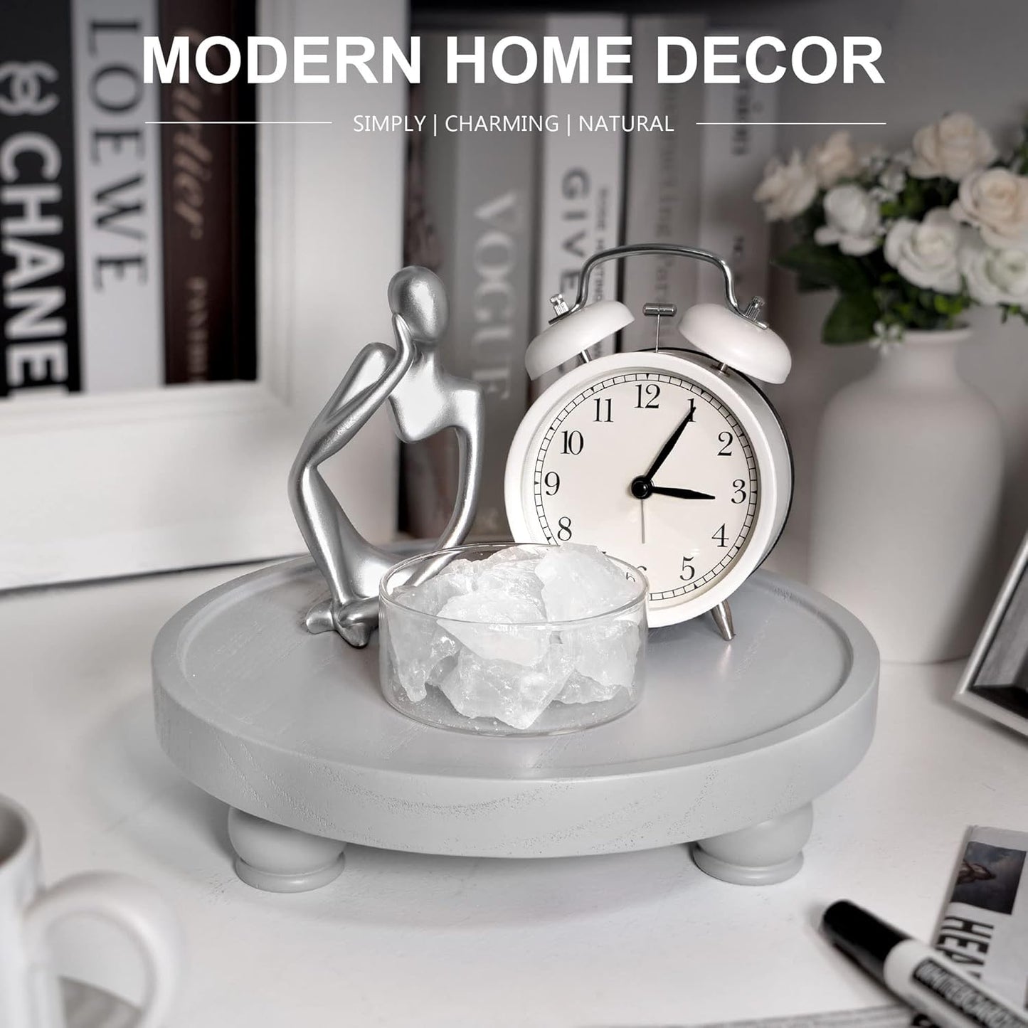 EOSAHR Modern Wooden Risers for Display: Farmhouse Pedestal Stand for Home, Kitchen and Bathroom Counter Decor - Stylish Round Waterproof Decorative Tray for Organize Soap, Sink, Jewelry (Gray)