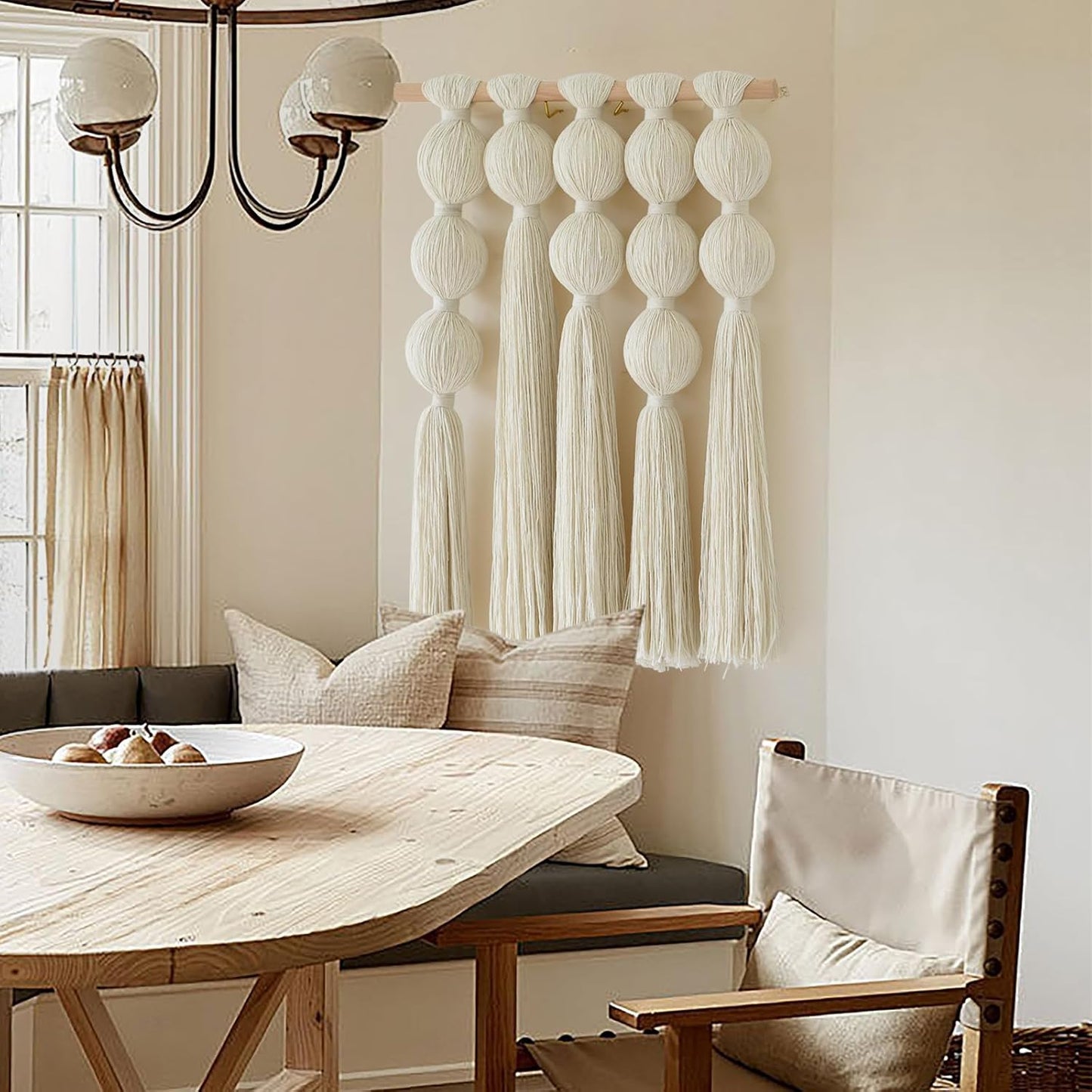 Macrame Wall Hanging with Geometric Yarn Spheres, Handwoven Cotton Tassel Art for Boho Bedroom or Living Room Wall Decor 15.7" W x 19.6" L