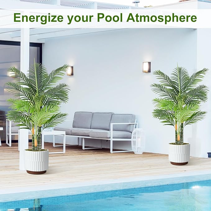 Triple Golden Cane Palm Artificial Tree 4ft Tall Large Faux Tropical Palm Tree UV Resistant Fake Plant in Pot for Indoor Outdoor Big House Living Room Patio Office Home Outside Decor 2Pack