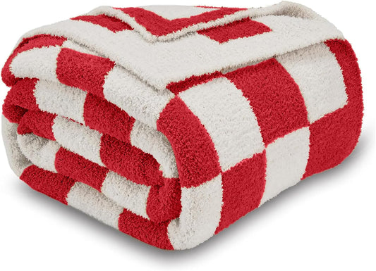 CozeCube Super Soft Fullfy Microfiber Reversible Knitted Blankets, Warm Cozy Fuzzy Plush Throw, Christmas red and White Checkered Throw Blanket for Couch Bed Sofa, 60" x 80"