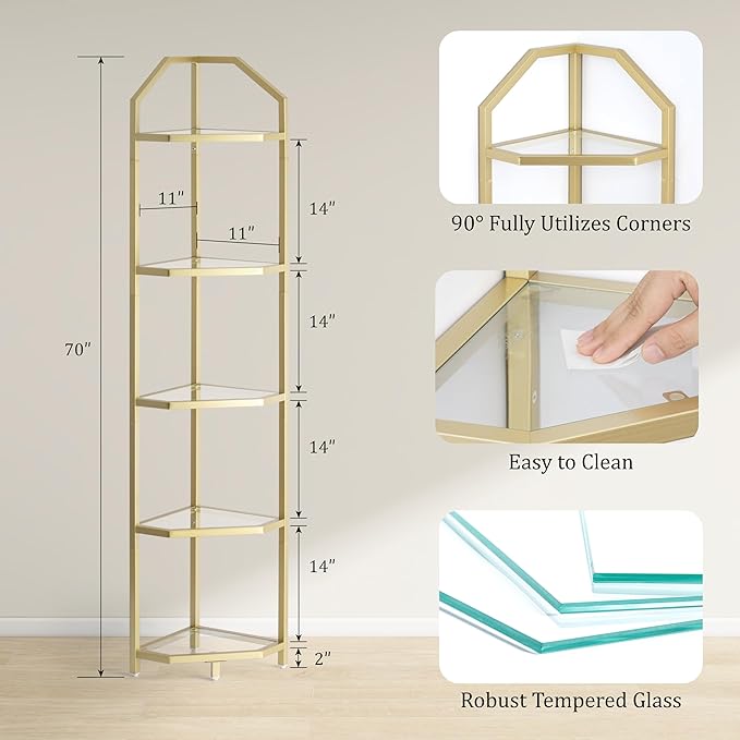 5-Tier Corner Shelf Stand, Gold Corner Bookshelf, Bathroom Storage Rack Shelf, Plant Rack, Tempered Glass, Steel Frame, Modern Style for Living Room, Bathroom, Kitchen, Metallic Gold