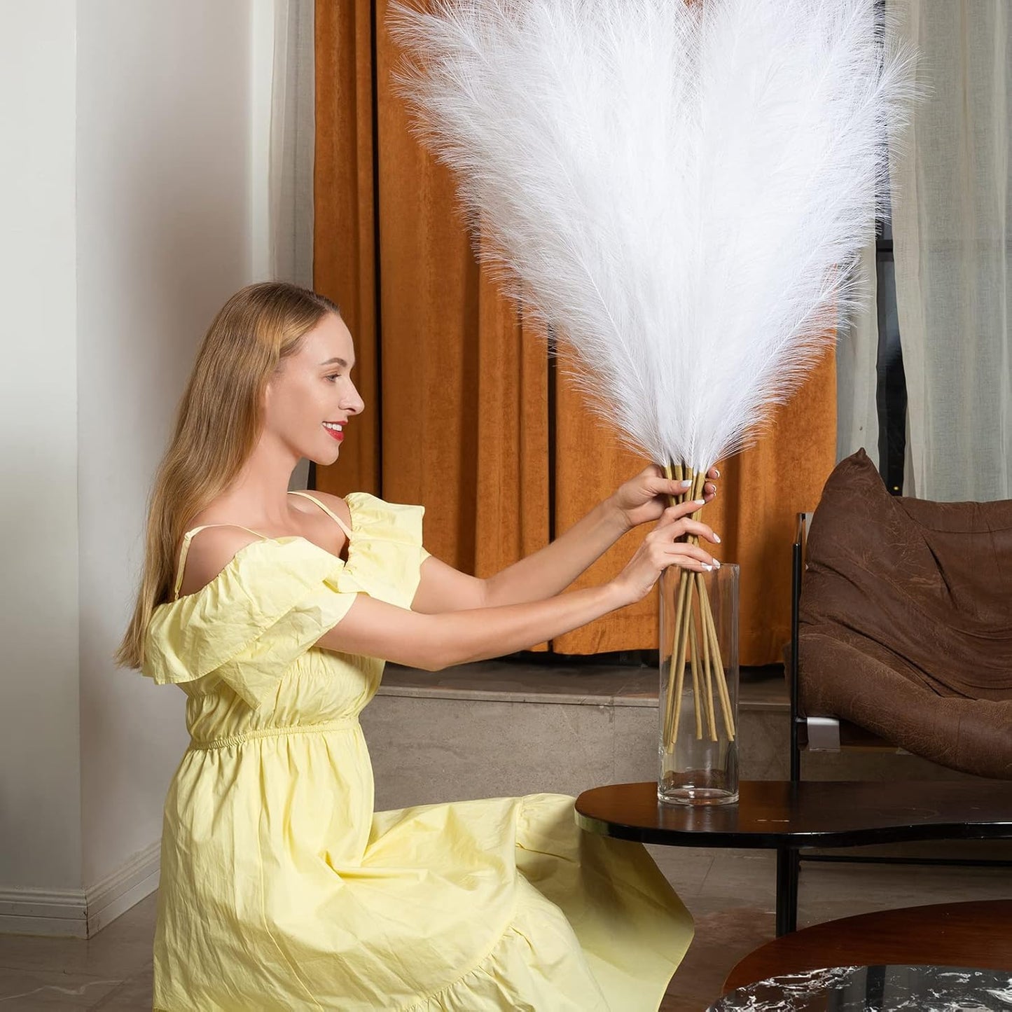 EVODIS Pampas Grass Decor Tall, 43"/110cm Faux Pampas Grass 6 Stems Large Pompass Grass Branches Tall Bulk Boho Flower Arrangement for Home Room Wedding Party Decor (White)